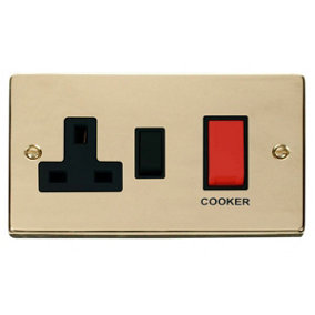 Polished Brass Cooker Control 45A With 13A Switched Plug Socket - Black Trim - SE Home