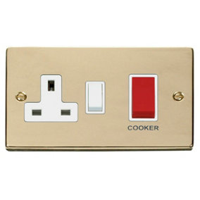 Polished Brass Cooker Control 45A With 13A Switched Plug Socket - White Trim - SE Home