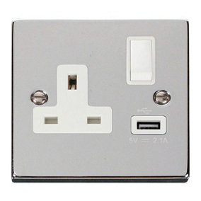 Polished Chrome 1 Gang 13A DP 1 USB Switched Plug Socket - White Trim - SE Home