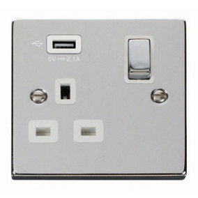 Polished Chrome 1 Gang 13A DP Ingot 1 USB Switched Plug Socket - White Trim - SE Home