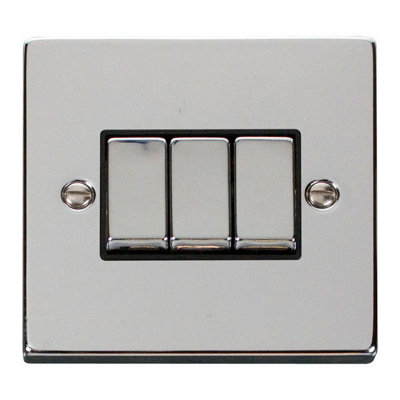 Polished Chrome 10A 3 Gang 2 Way Ingot Light Switch - Black Trim - SE Home