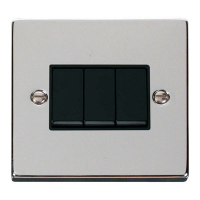 Polished Chrome 10A 3 Gang 2 Way Light Switch - Black Trim - SE Home