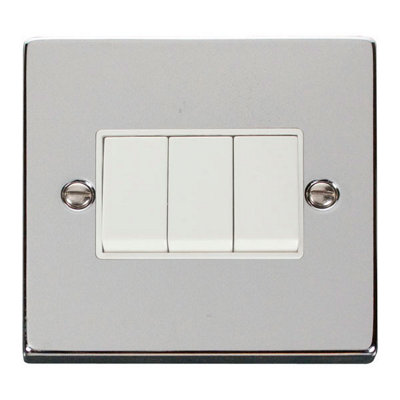 Polished Chrome 10A 3 Gang 2 Way Light Switch - White Trim - SE Home