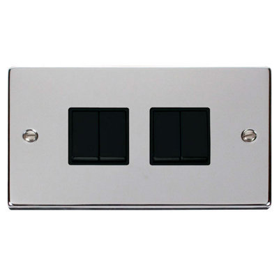 Polished Chrome 10A 4 Gang 2 Way Light Switch - Black Trim - SE Home