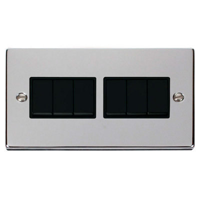 Polished Chrome 10A 6 Gang 2 Way Light Switch - Black Trim - SE Home