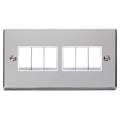 Polished Chrome 10A 6 Gang 2 Way Light Switch - White Trim - SE Home