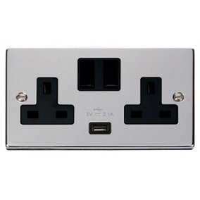 Polished Chrome 2 Gang 13A 1 USB Twin Double Switched Plug Socket - Black Trim - SE Home