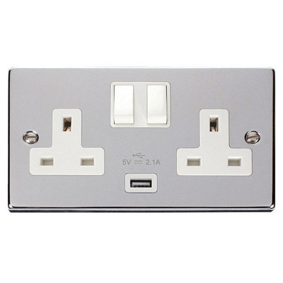 Polished Chrome 2 Gang 13A 1 USB Twin Double Switched Plug Socket - White Trim - SE Home