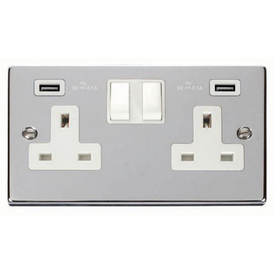 Polished Chrome 2 Gang 13A 2 USB Twin Double Switched Plug Socket - White Trim - SE Home