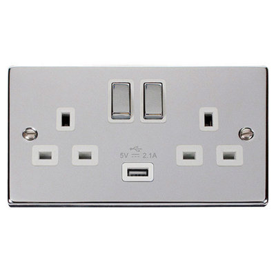 Polished Chrome 2 Gang 13A DP Ingot 1 USB Twin Double Switched Plug Socket - White Trim - SE Home