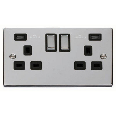 Polished Chrome 2 Gang 13A DP Ingot 2 USB Twin Double Switched Plug Socket - Black Trim - SE Home