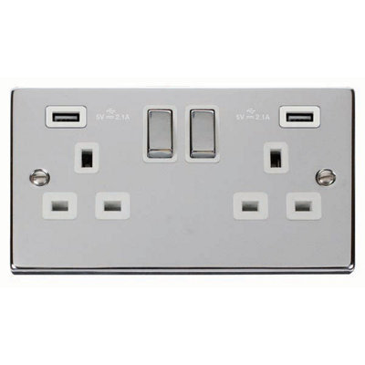 Polished Chrome 2 Gang 13A DP Ingot 2 USB Twin Double Switched Plug Socket - White Trim - SE Home