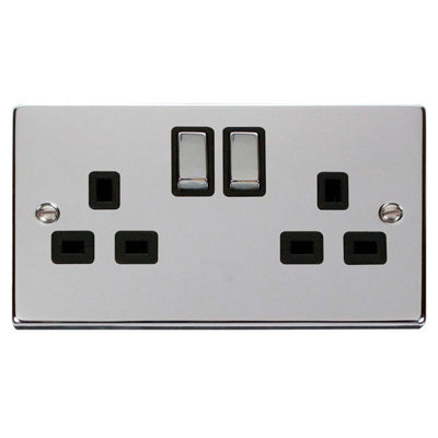 Polished Chrome 2 Gang 13A DP Ingot Twin Double Switched Plug Socket - Black Trim - SE Home