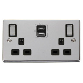 Polished Chrome 2 Gang 13A DP Ingot Type A & C USB Twin Double Switched Plug Socket - Black Trim - SE Home