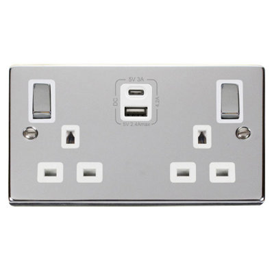 Polished Chrome 2 Gang 13A DP Ingot Type A & C USB Twin Double Switched ...