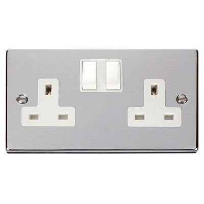 Polished Chrome 2 Gang 13A Twin Double Switched Plug Socket - White ...