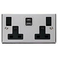 Polished Chrome 2 Gang 13A Type A & C USB Twin Double Switched Plug Socket - Black Trim - SE Home