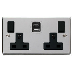 Polished Chrome 2 Gang 13A Type A & C USB Twin Double Switched Plug Socket - Black Trim - SE Home