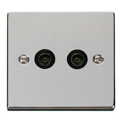 Polished Chrome 2 Gang Twin Coaxial TV Socket - Black Trim - SE Home