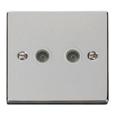 Polished Chrome 2 Gang Twin Coaxial TV Socket - White Trim - SE Home