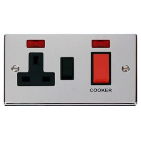 Polished Chrome Cooker Control 45A With 13A Switched Plug Socket & 2 Neons - Black Trim - SE Home
