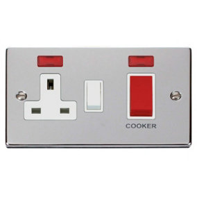 Polished Chrome Cooker Control 45A With 13A Switched Plug Socket & 2 Neons - White Trim - SE Home