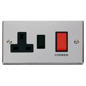 Polished Chrome Cooker Control 45A With 13A Switched Plug Socket - Black Trim - SE Home
