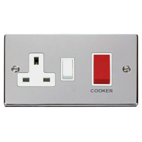Polished Chrome Cooker Control 45A With 13A Switched Plug Socket - White Trim - SE Home