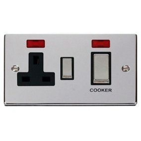 Polished Chrome Cooker Control Ingot 45A With 13A Switched Plug Socket & 2 Neons - Black Trim - SE Home