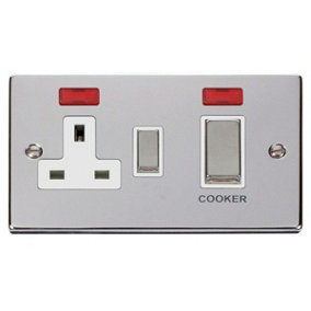 Polished Chrome Cooker Control Ingot 45A With 13A Switched Plug Socket & 2 Neons - White Trim - SE Home