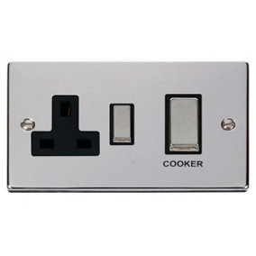 Polished Chrome Cooker Control Ingot 45A With 13A Switched Plug Socket - Black Trim - SE Home