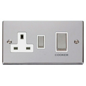 Polished Chrome Cooker Control Ingot 45A With 13A Switched Plug Socket - White Trim - SE Home