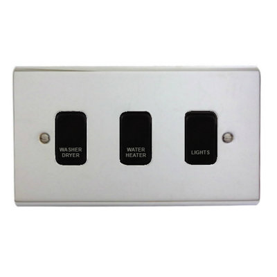 Polished Chrome Customised Kitchen Grid Switch Panel with Black Switches - 3 Gang