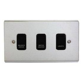 Polished Chrome Customised Kitchen Grid Switch Panel with Black Switches - 3 Gang