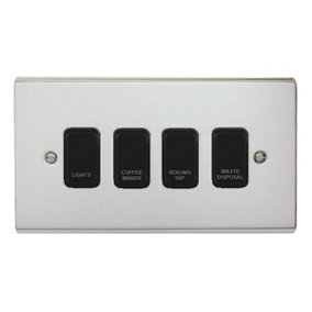 Polished Chrome Customised Kitchen Grid Switch Panel with Black Switches - 4 Gang