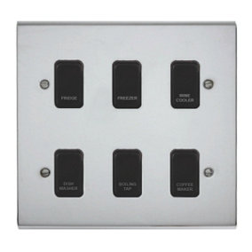 Polished Chrome Customised Kitchen Grid Switch Panel with Black Switches - 6 Gang