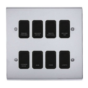 Polished Chrome Customised Kitchen Grid Switch Panel with Black Switches - 8 Gang