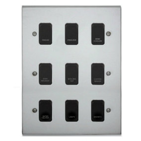 Polished Chrome Customised Kitchen Grid Switch Panel with Black Switches - 9 Gang