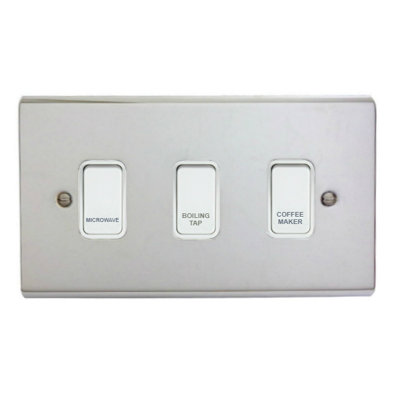 Polished Chrome Customised Kitchen Grid Switch Panel with White Switches - 3 Gang