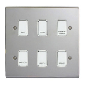 Polished Chrome Customised Kitchen Grid Switch Panel with White  Switches - 6 Gang
