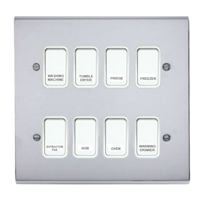 Polished Chrome Customised Kitchen Grid Switch Panel with White Switches - 8 Gang