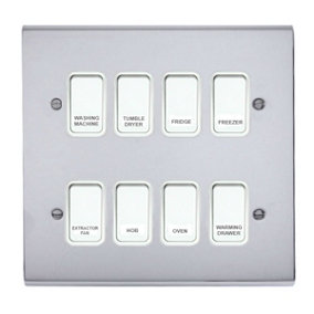 Polished Chrome Customised Kitchen Grid Switch Panel with White Switches - 8 Gang