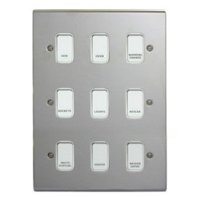 Polished Chrome Customised Kitchen Grid Switch Panel with White Switches - 9 Gang