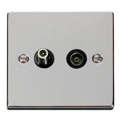 Polished Chrome Satellite And Isolated Coaxial 1 Gang Socket - Black Trim - SE Home