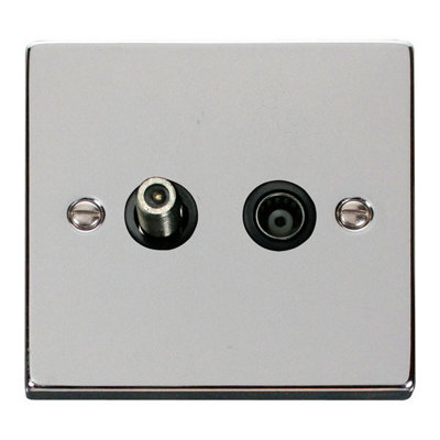 Polished Chrome Satellite & Coaxial Socket 1 Gang - Black Trim - SE Home