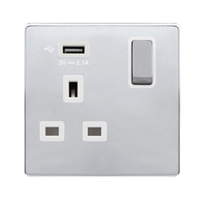 Polished Chrome Screwless Plate 1 Gang 13A DP Ingot 1 USB Switched Plug Socket - White Trim - SE Home