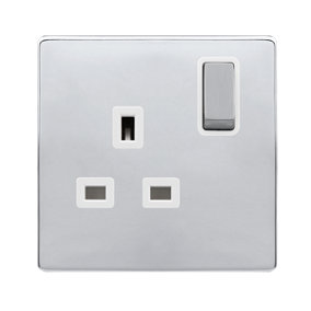 Polished Chrome Screwless Plate 1 Gang 13A DP Ingot Switched Plug Socket - White Trim - SE Home