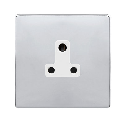 Polished Chrome Screwless Plate 1 Gang 5A Round Pin Socket - White Trim - SE Home