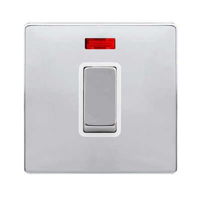 Polished Chrome Screwless Plate 1 Gang Ingot Size 45A Switch With Neon - White Trim - SE Home