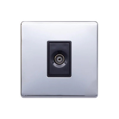 Polished Chrome Screwless Plate 1 Gang TV Socket - Black Trim - SE Home